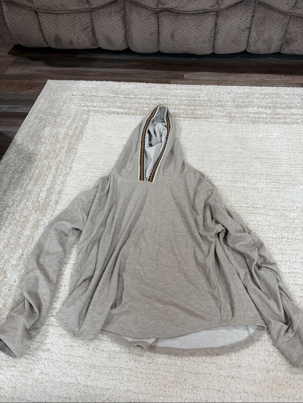 Hem & Thread Lightweight Hooded Pullover in Taupe with Trim
